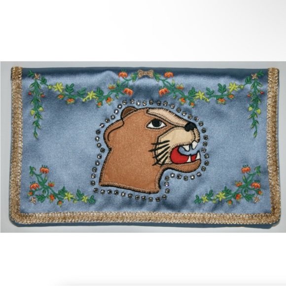 Guccification Blue Silke Broadway Clutch with Embroidery NWOT Never Used - Picture 2 of 4